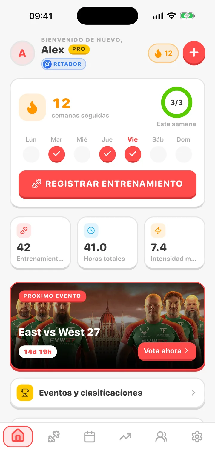 ArmProgress home dashboard — weekly streak, workout stats and events