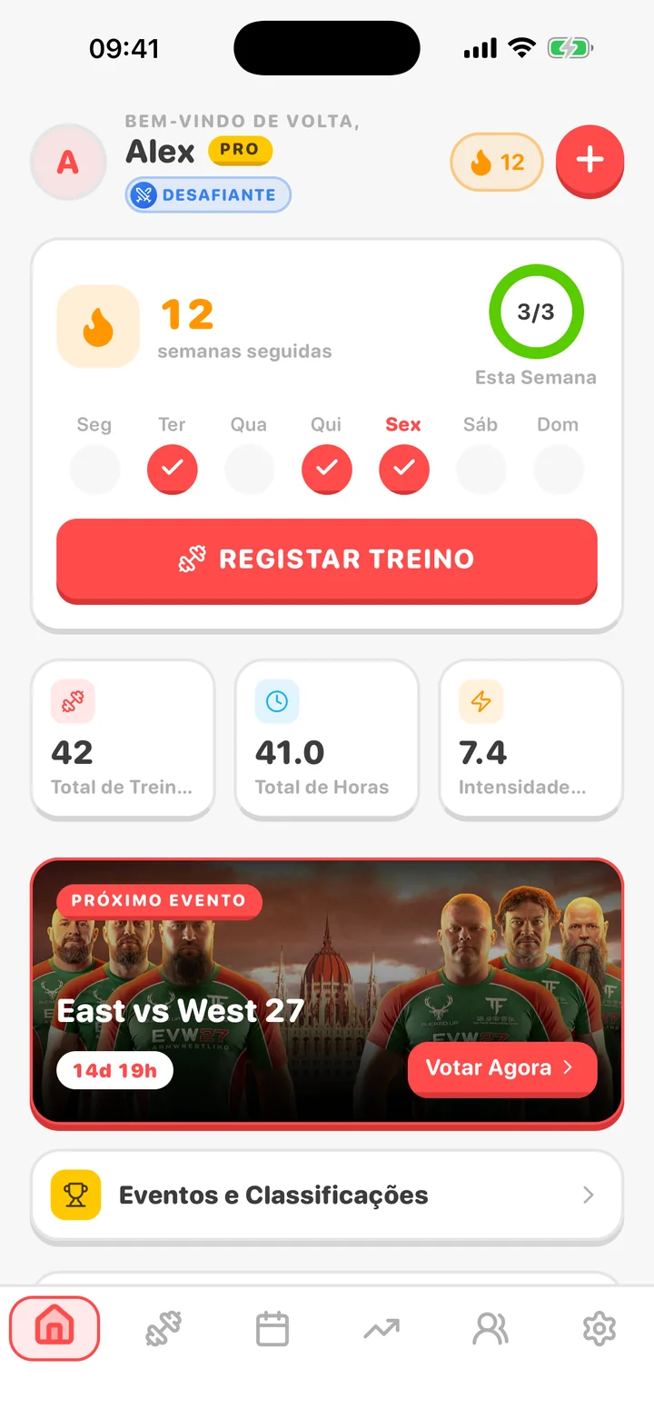 ArmProgress home dashboard — weekly streak, workout stats and events