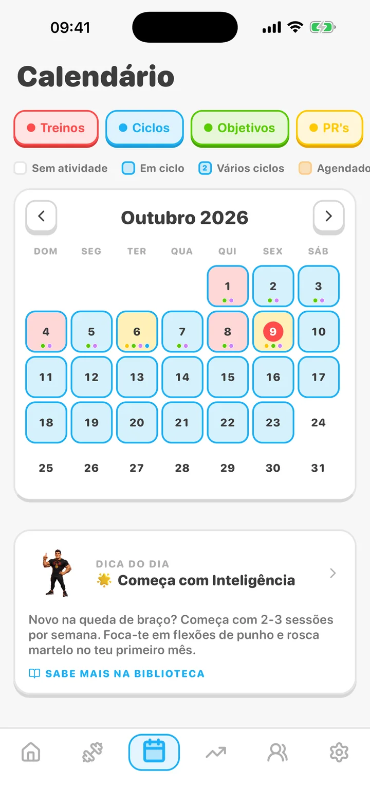 Calendário do ArmProgress — veja seu treino nos dois braços ao longo do tempo